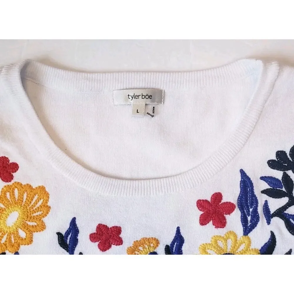 TYLER BOE Womens Large Sweater Pullover EMBROIDERED Floral White Lightweight - Picture 6 of 10